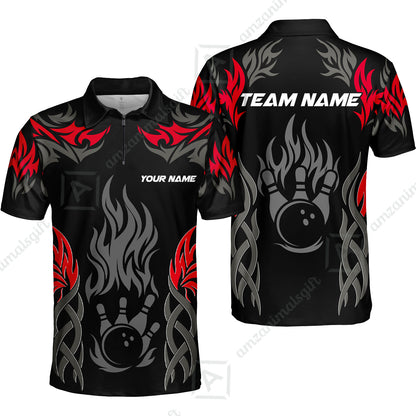 Personalized Bowling Quarter-Zip Polo Shirt, Tribal And Bowling Flame Multi Option Customized Zip Polo Shirt - Black