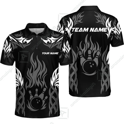 Personalized Bowling Quarter-Zip Polo Shirt, Tribal And Bowling Flame Multi Option Customized Zip Polo Shirt - Black