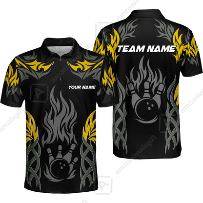 Personalized Bowling Quarter-Zip Polo Shirt, Tribal And Bowling Flame Multi Option Customized Zip Polo Shirt - Black