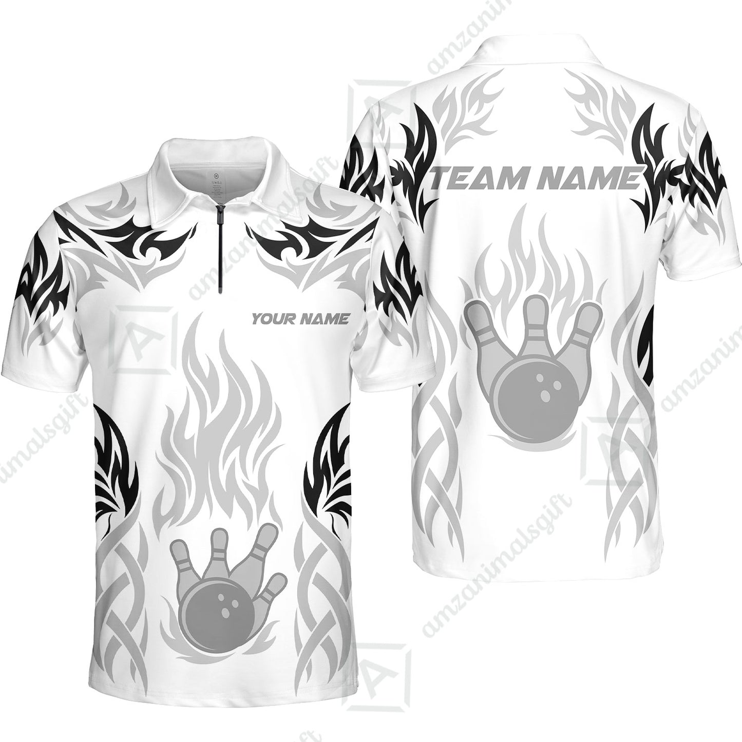 Personalized Bowling Team Quarter-Zip Polo Shirt, Tribal And Bowling Flame Multi Option Customized Zip Polo Shirt - White