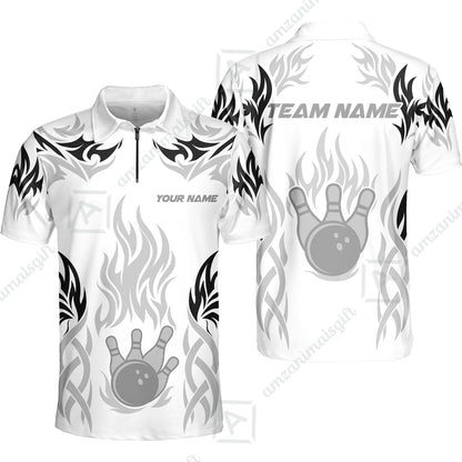 Personalized Bowling Team Quarter-Zip Polo Shirt, Tribal And Bowling Flame Multi Option Customized Zip Polo Shirt - White