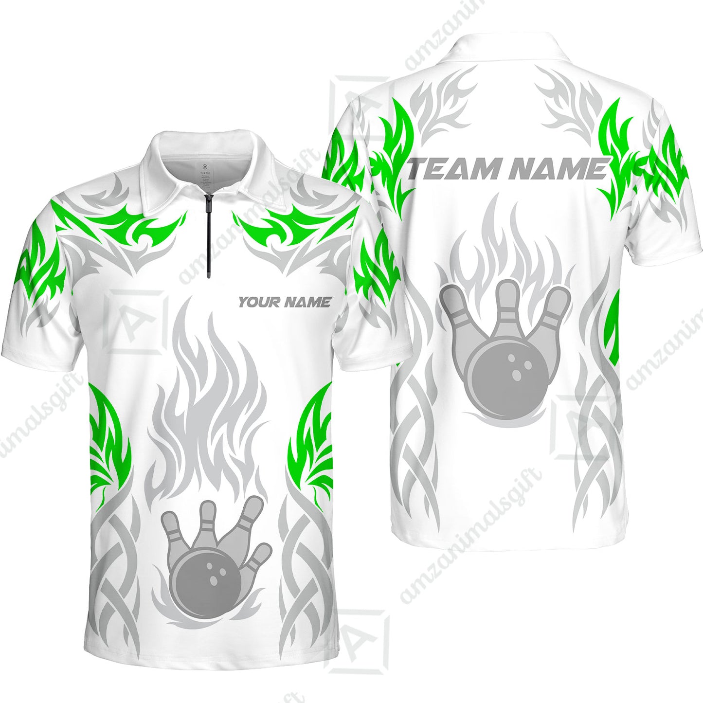 Personalized Bowling Team Quarter-Zip Polo Shirt, Tribal And Bowling Flame Multi Option Customized Zip Polo Shirt - White