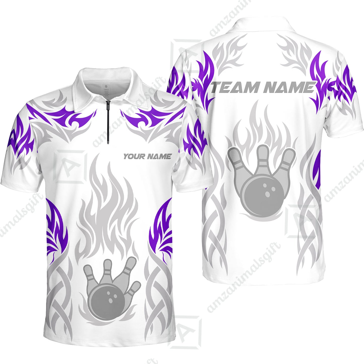 Personalized Bowling Team Quarter-Zip Polo Shirt, Tribal And Bowling Flame Multi Option Customized Zip Polo Shirt - White