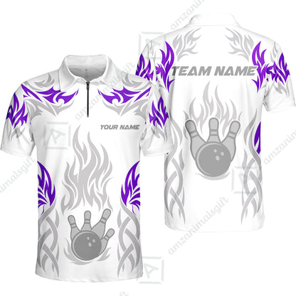 Personalized Bowling Team Quarter-Zip Polo Shirt, Tribal And Bowling Flame Multi Option Customized Zip Polo Shirt - White