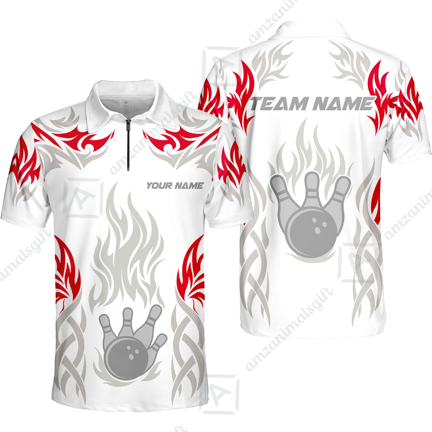 Personalized Bowling Team Quarter-Zip Polo Shirt, Tribal And Bowling Flame Multi Option Customized Zip Polo Shirt - White