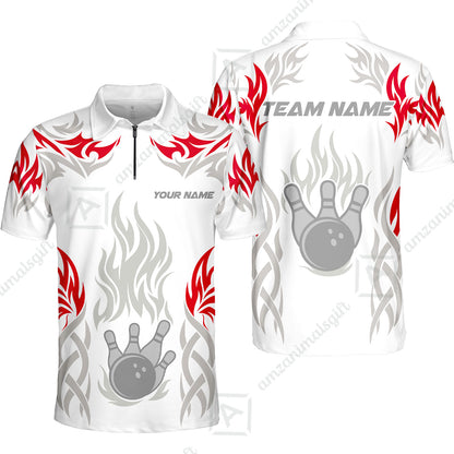 Personalized Bowling Team Quarter-Zip Polo Shirt, Tribal And Bowling Flame Multi Option Customized Zip Polo Shirt - White