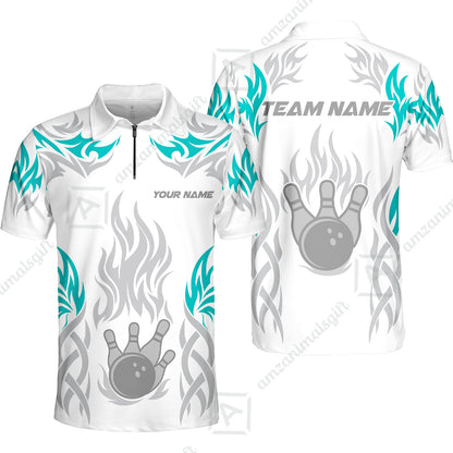 Personalized Bowling Team Quarter-Zip Polo Shirt, Tribal And Bowling Flame Multi Option Customized Zip Polo Shirt - White