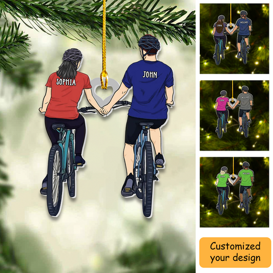 Personalized Couple Riding Cycling Together Ornament, Custom Ornament Gifts For Cycling Couple, Riding Bike Couple
