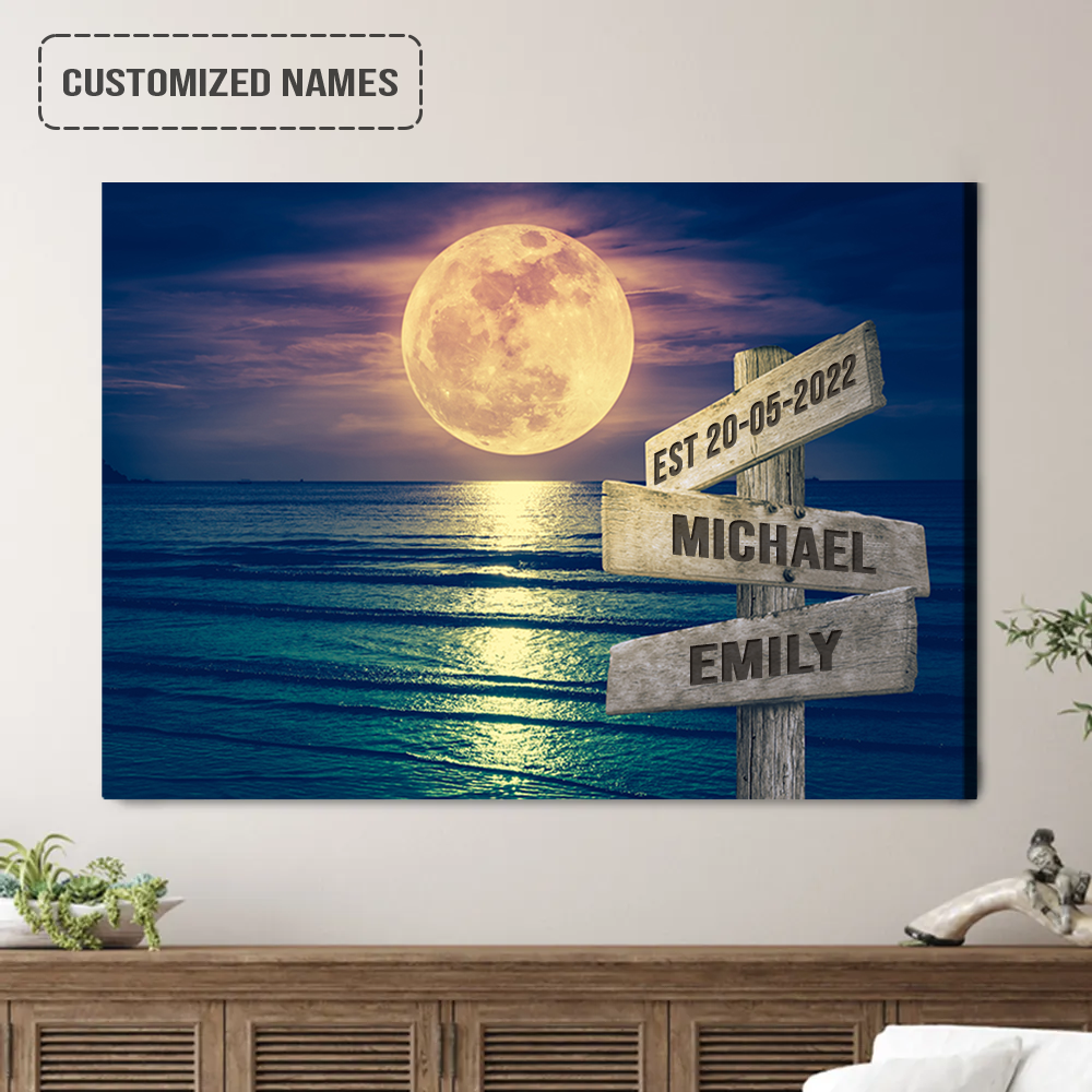 Personalized Couples Wedding Anniversary Wall Art Canvas Hanging, Moon On Ocean Landscape Canvas Poster For Home Decor