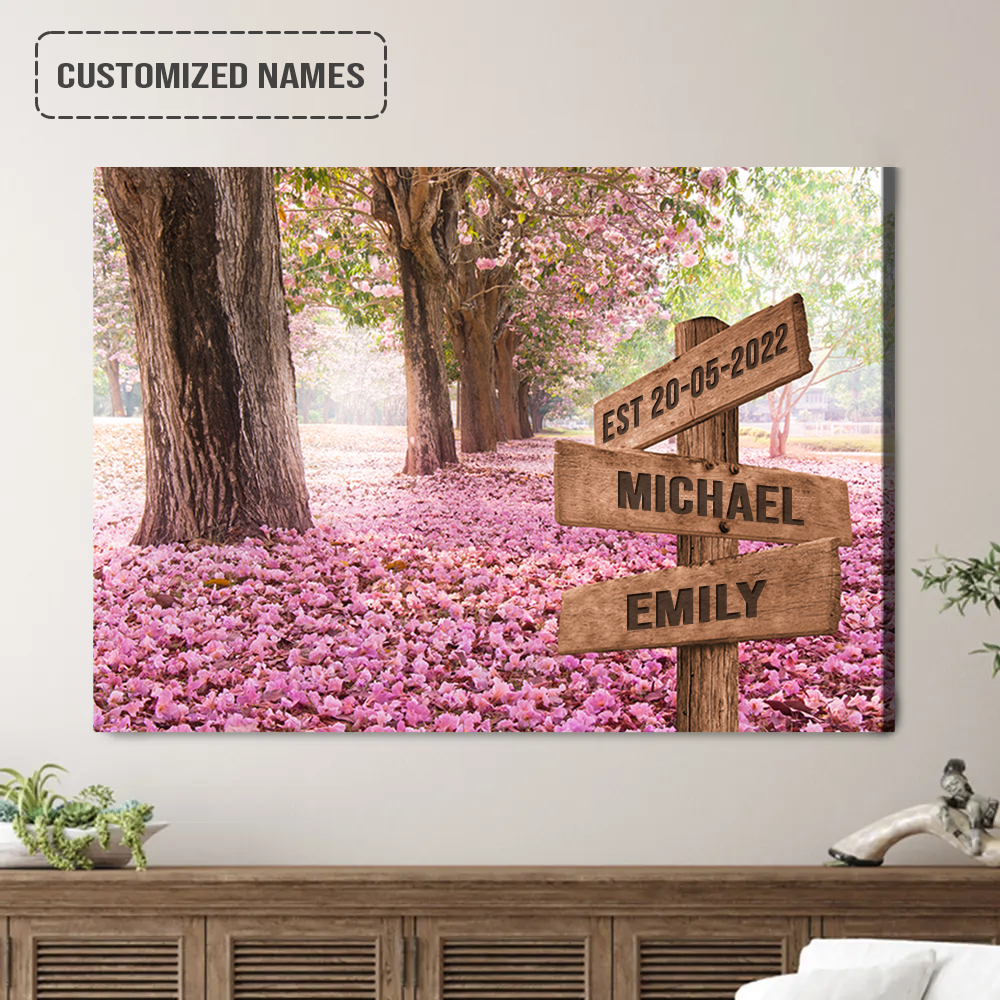 Personalized Couples Wedding Anniversary Wall Art Canvas Hanging, Pink Flower Trees Falling Petal Landscape Canvas Decor