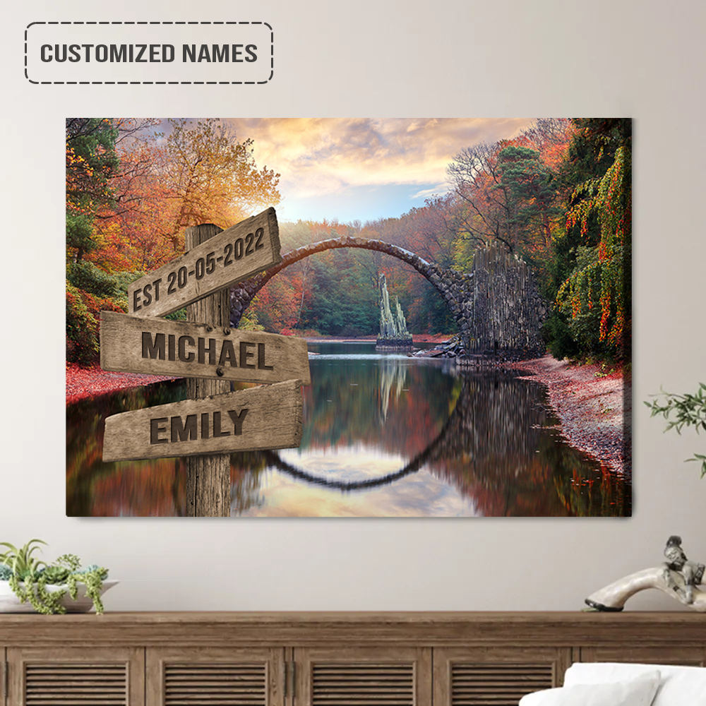 Personalized Couples Wedding Anniversary Wall Art Canvas Hanging, Stunning Stone Devil’s Bridge Autumn Landscape Canvas