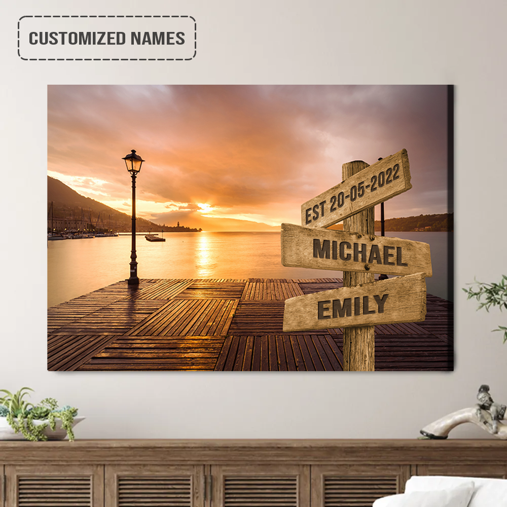 Personalized Couples Wedding Anniversary Wall Art Canvas Hanging, Sunrise Bay Landscape Canvas Poster For Home Decor