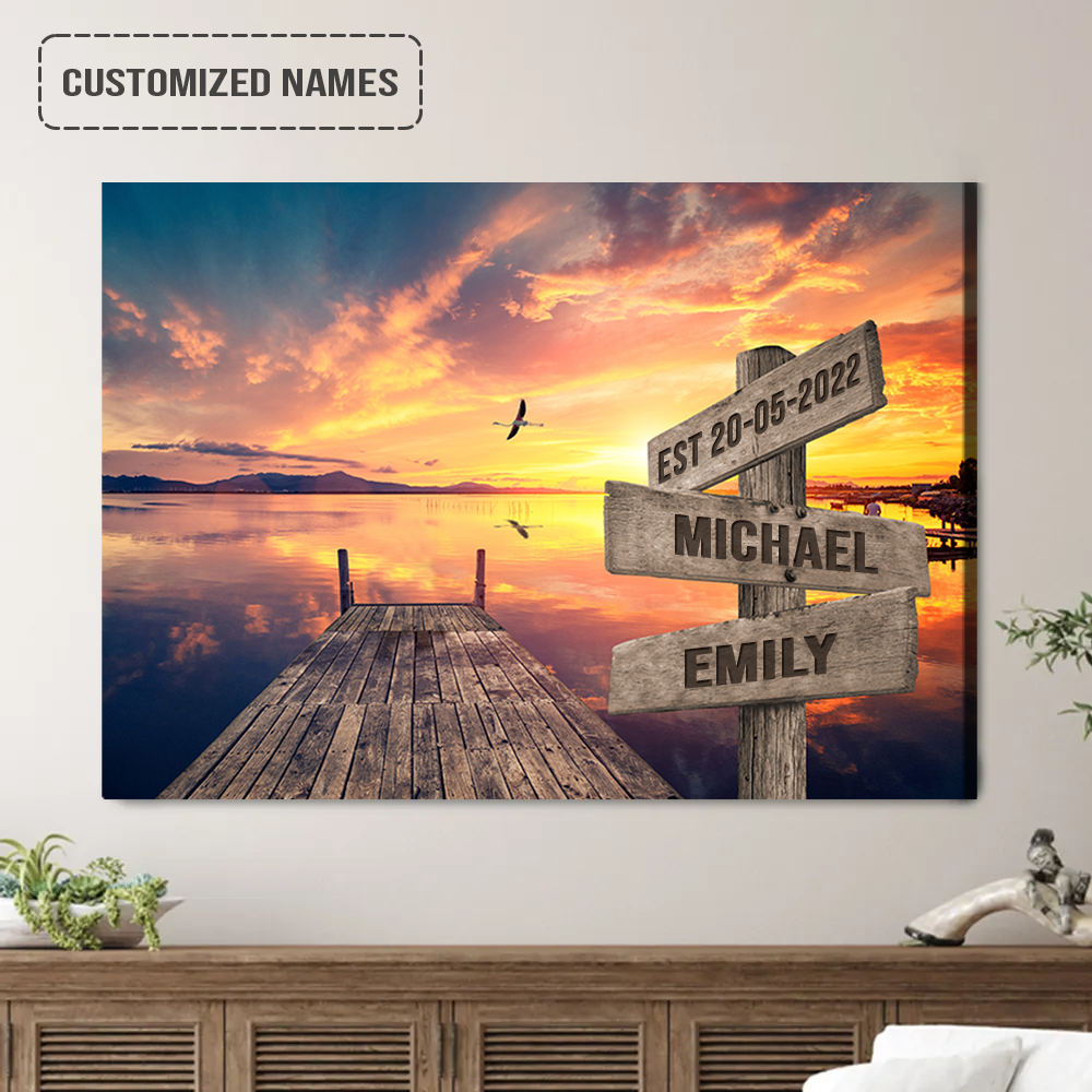 Personalized Couples Wedding Anniversary Wall Art Canvas Hanging, Sunset Dock Landscape Canvas Poster For Home Decor