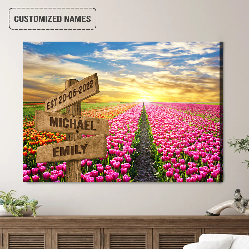 Personalized Couples Wedding Anniversary Wall Art Canvas Hanging, Tulip Field Landscape Canvas Poster Anniversary Gifts