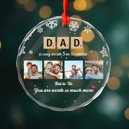 Personalized Dad Scrabble Crossword Puzzle Tiles Circle Glass Ornament, Meaningful Christmas Gift For Dad Granpa Family