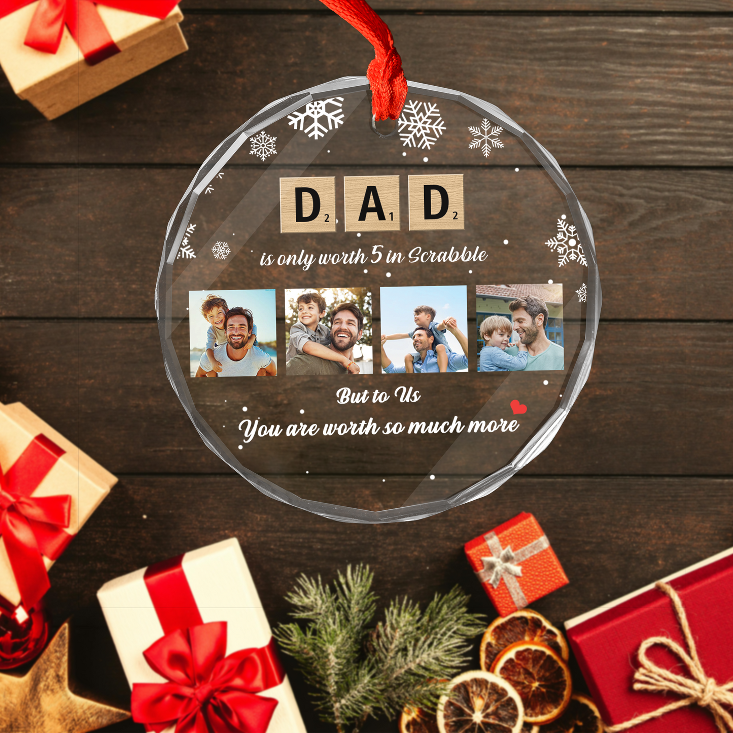 Personalized Dad Scrabble Crossword Puzzle Tiles Circle Glass Ornament, Meaningful Christmas Gift For Dad Granpa Family