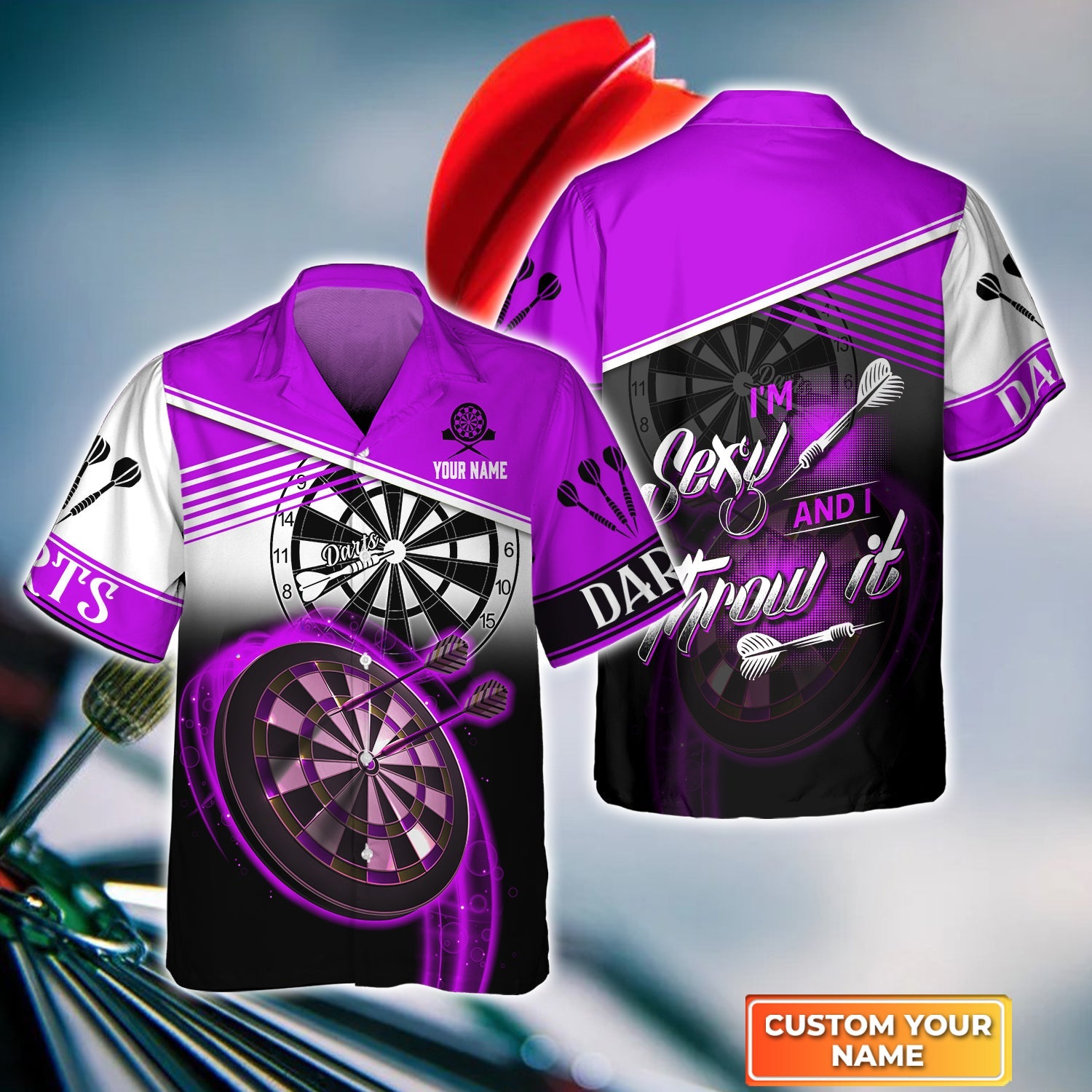 Customized Darts Hawaiian Shirt, I'm Sexy And I Throw It Purple Darts Personalized Aloha Shirt For Men - Perfect Gift For Darts Lovers, Darts Players