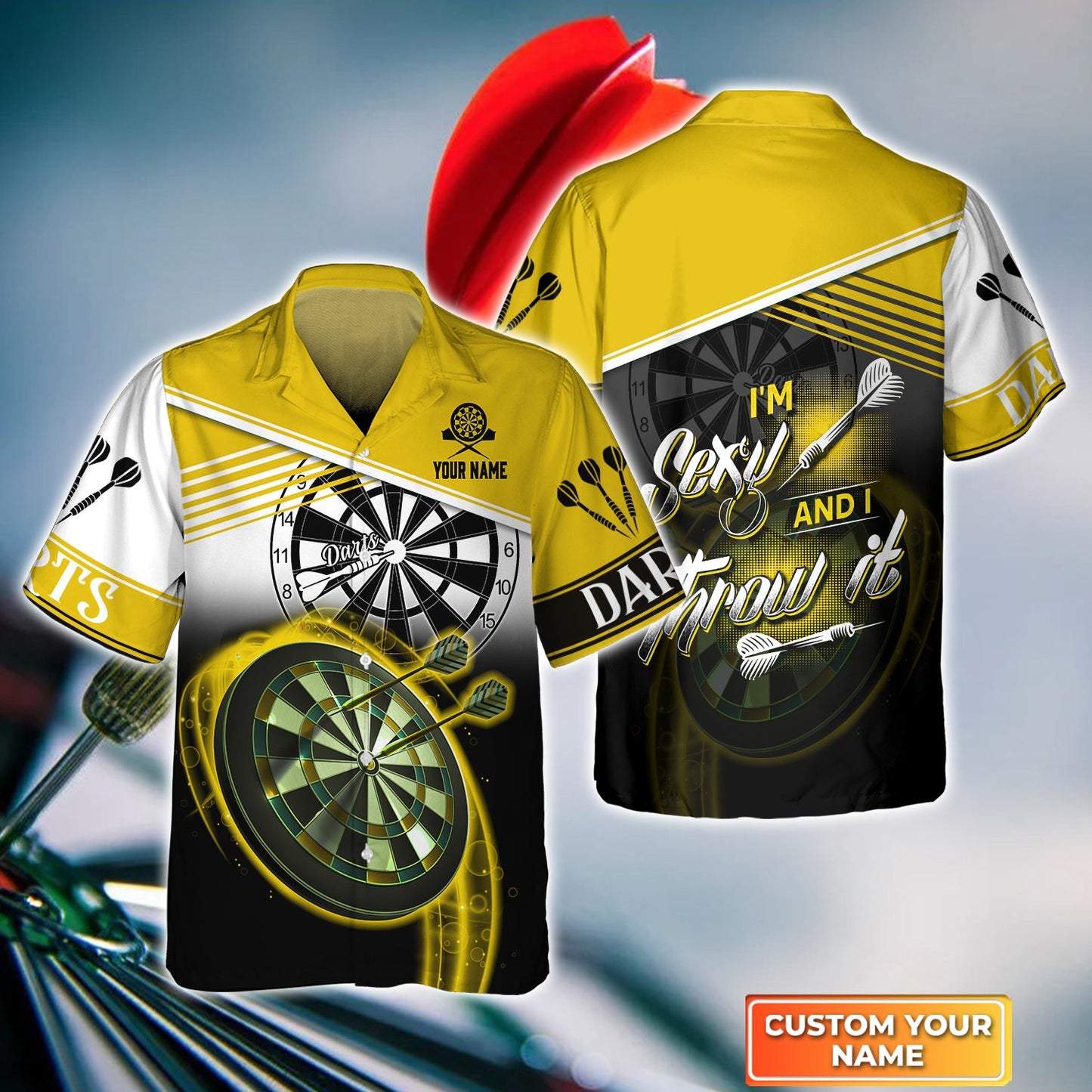 Customized Darts Hawaiian Shirt, I'm Sexy And I Throw It Yellow Darts Personalized Aloha Shirt For Men - Perfect Gift For Darts Lovers, Darts Players