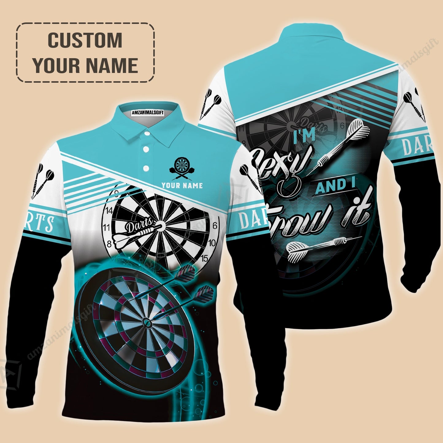Personalized Darts Long Polo Shirt, Darts Cyan Color Customized Polo Shirt I'm Sexy And I Throw It, Outfits For Darts Players, Darts Team