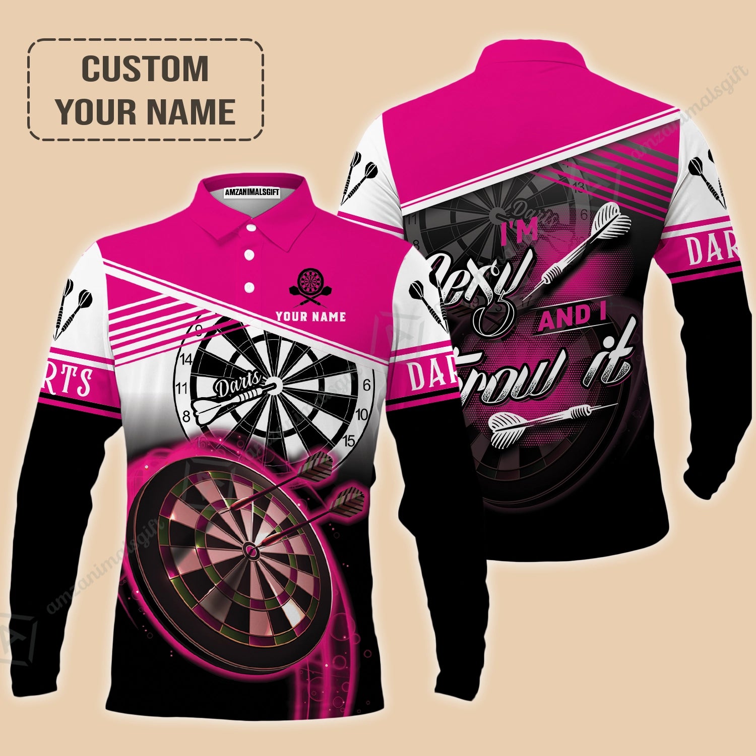 Personalized Darts Long Polo Shirt, Darts Pink Color Custom Name Shirt I'm Sexy And I Throw It, Outfits For Darts Players, Darts Team
