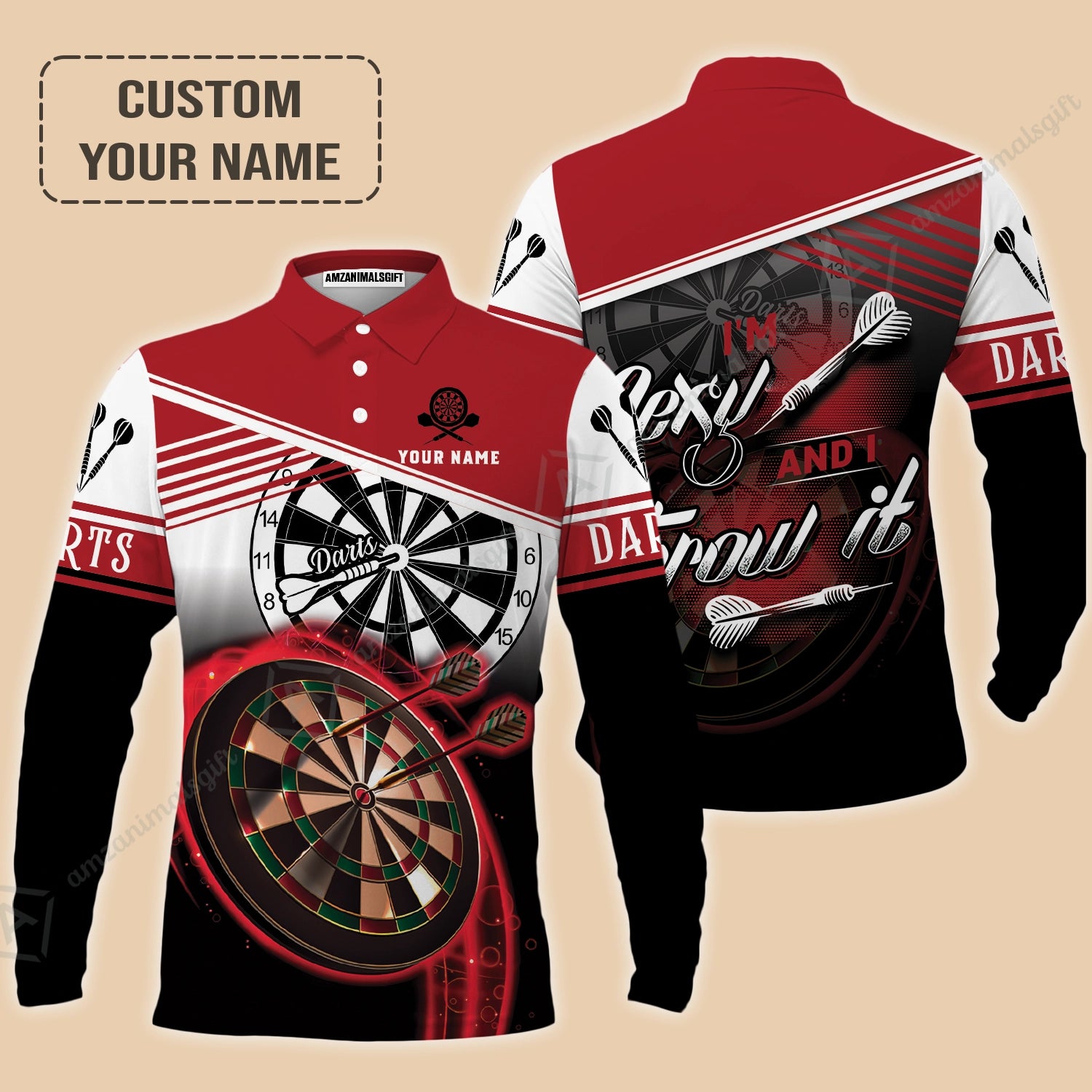 Personalized Darts Long Polo Shirt, Darts Red Color Long Sleeve Polo Shirt I'm Sexy And I Throw It, Outfits For Darts Players, Darts Team