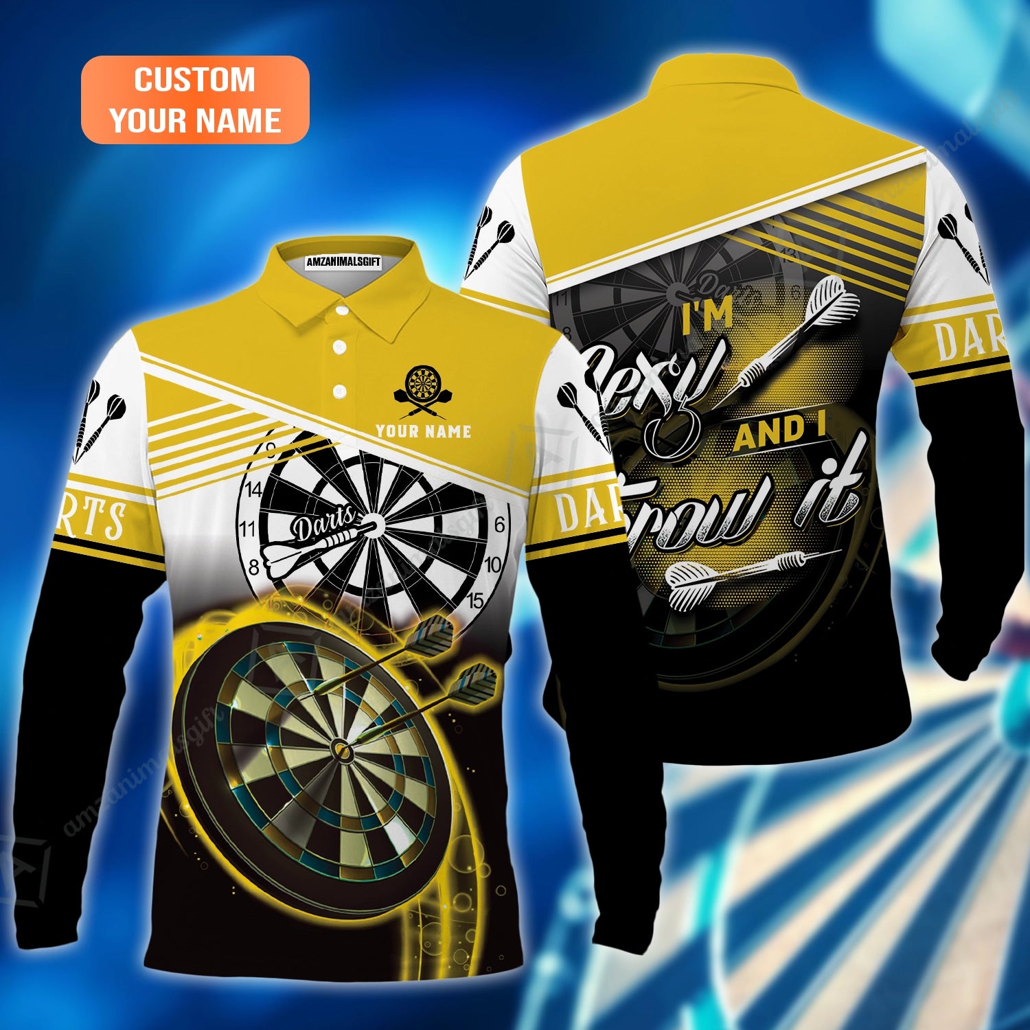 Personalized Darts Long Polo Shirt, Darts Yellow Color Custom Polo Shirt I'm Sexy And I Throw It, Outfits For Darts Players, Darts Team