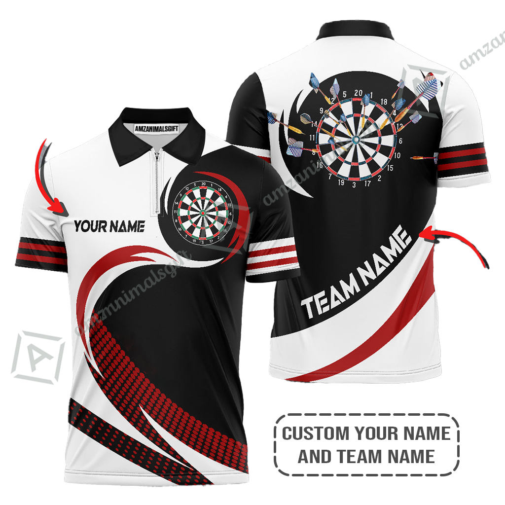 Personalized Darts Jersey, Darts Black Red White Customized Quarter-Zip Polo Shirt, Perfect Outfits For Darts Players, Darts Team