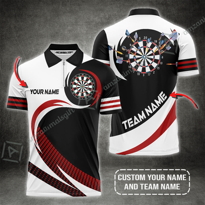 Personalized Darts Jersey, Darts Black Red White Customized Quarter-Zip Polo Shirt, Perfect Outfits For Darts Players, Darts Team