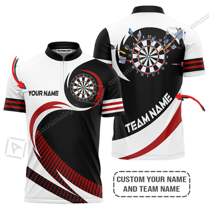 Personalized Darts Jersey, Darts Black Red White Customized Quarter-Zip Polo Shirt, Perfect Outfits For Darts Players, Darts Team