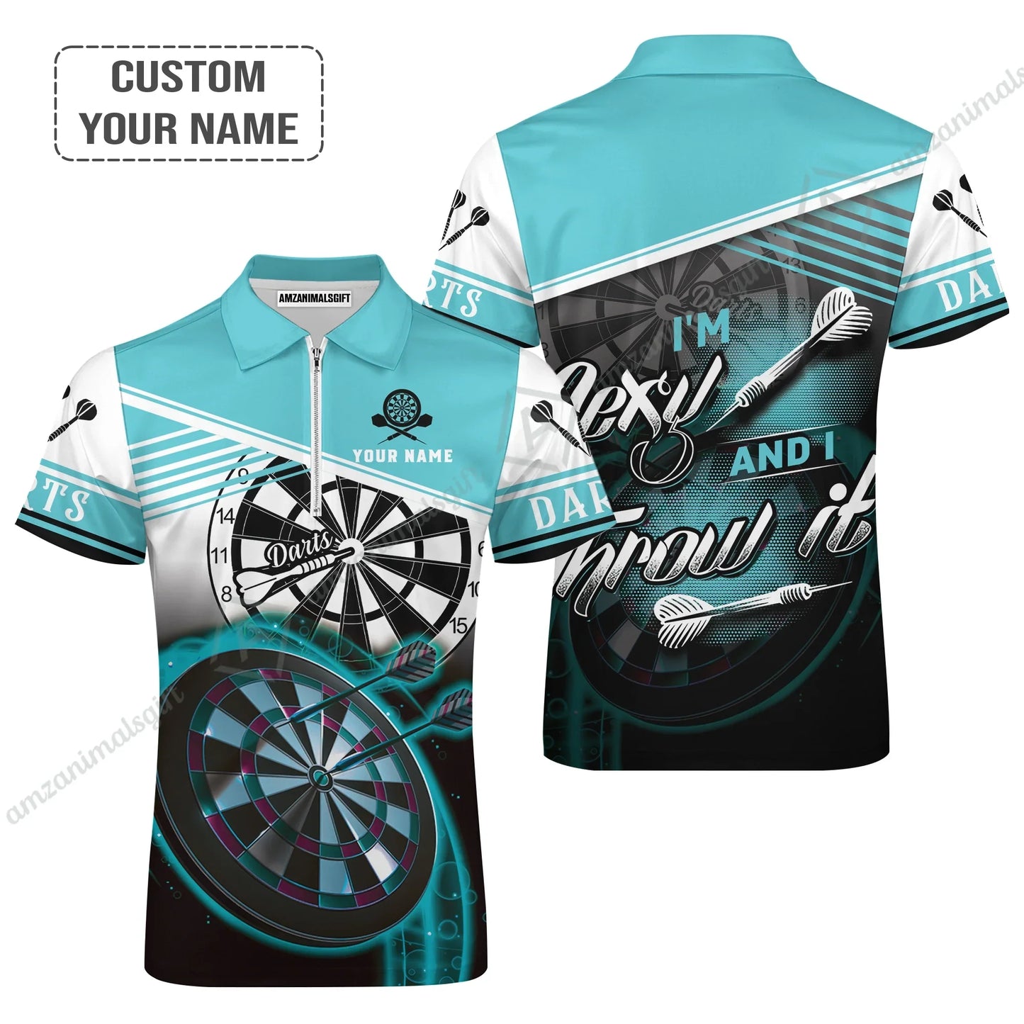 Personalized Darts Jersey, Darts Cyan Color Customized Quarter-Zip Polo Shirt I'm Sexy And I Throw It, Outfits For Darts Players, Darts Team