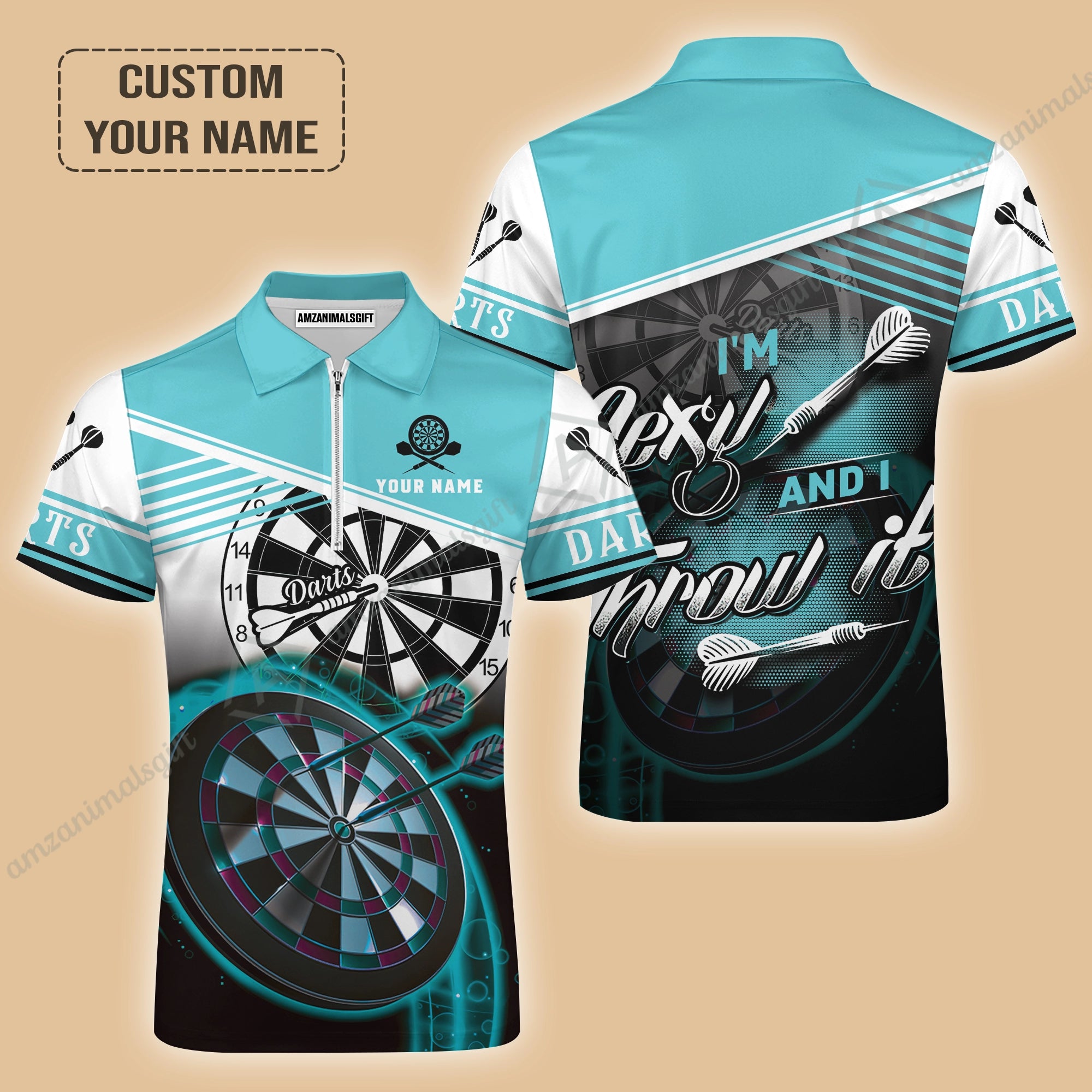 Personalized Darts Jersey, Darts Cyan Color Customized Quarter-Zip Polo Shirt I'm Sexy And I Throw It, Outfits For Darts Players, Darts Team