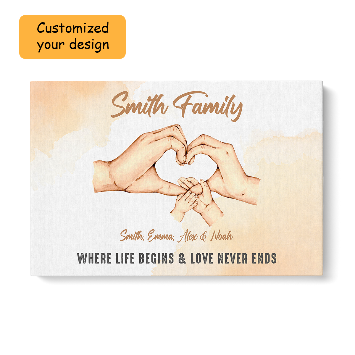 Personalized Family Hands Print Wall Art, Family Holding Hands Life Begins & Love Never Ends Canvas Hanging Home Decor