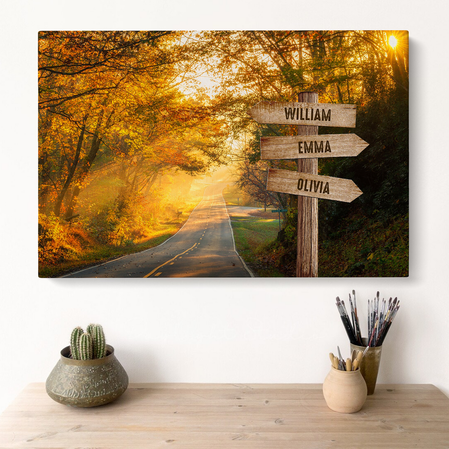 Personalized Family Member Names Wall Art, Autumn Road Multi-Names Wooden Signs Landscape Canvas, Family Home Decor