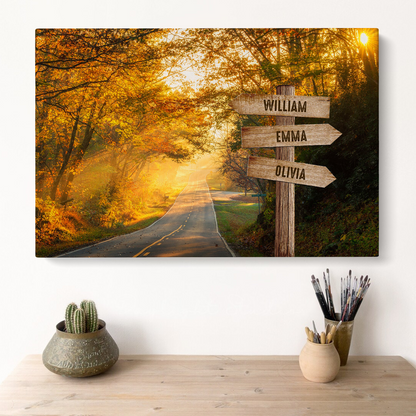 Personalized Family Member Names Wall Art, Autumn Road Multi-Names Wooden Signs Landscape Canvas, Family Home Decor