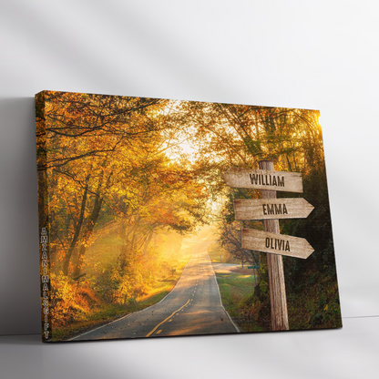 Personalized Family Member Names Wall Art, Autumn Road Multi-Names Wooden Signs Landscape Canvas, Family Home Decor