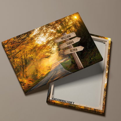 Personalized Family Member Names Wall Art, Autumn Road Multi-Names Wooden Signs Landscape Canvas, Family Home Decor