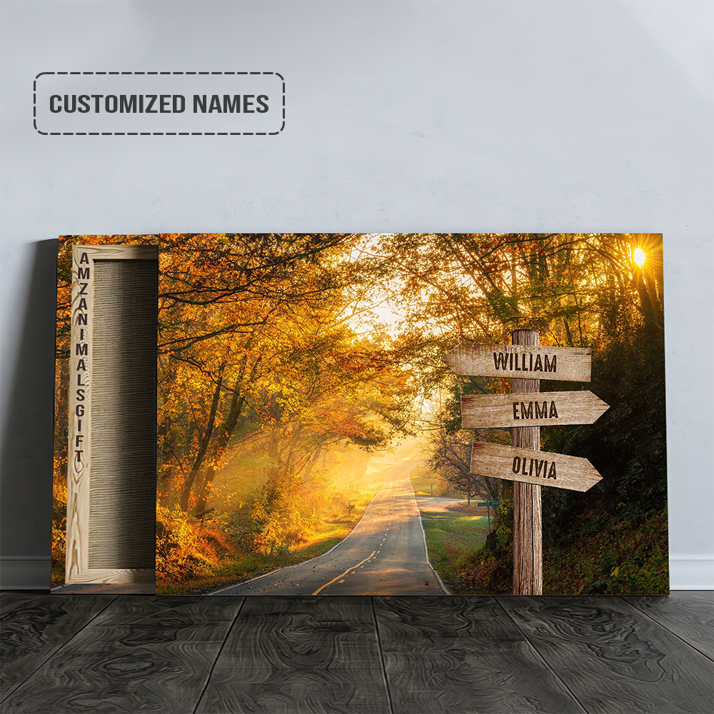 Personalized Family Member Names Wall Art, Autumn Road Multi-Names Wooden Signs Landscape Canvas, Family Home Decor