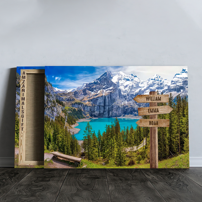 Personalized Family Member Names Wall Art, Oeschinen Lake Wooden Signs Multi-Names Landscape Canvas Decor For Home