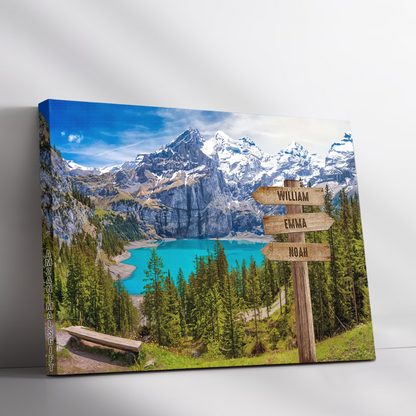 Personalized Family Member Names Wall Art, Oeschinen Lake Wooden Signs Multi-Names Landscape Canvas Decor For Home