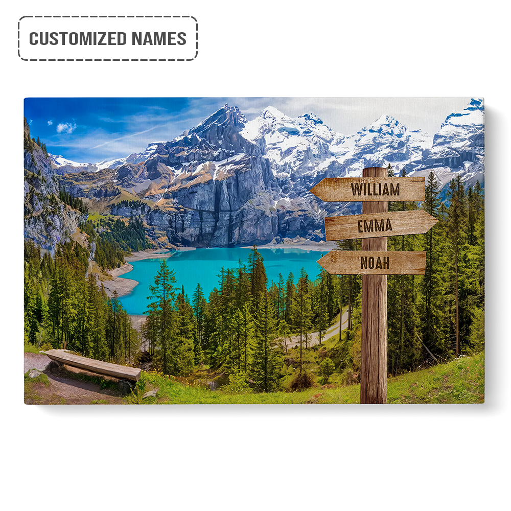 Personalized Family Member Names Wall Art, Oeschinen Lake Wooden Signs Multi-Names Landscape Canvas Decor For Home