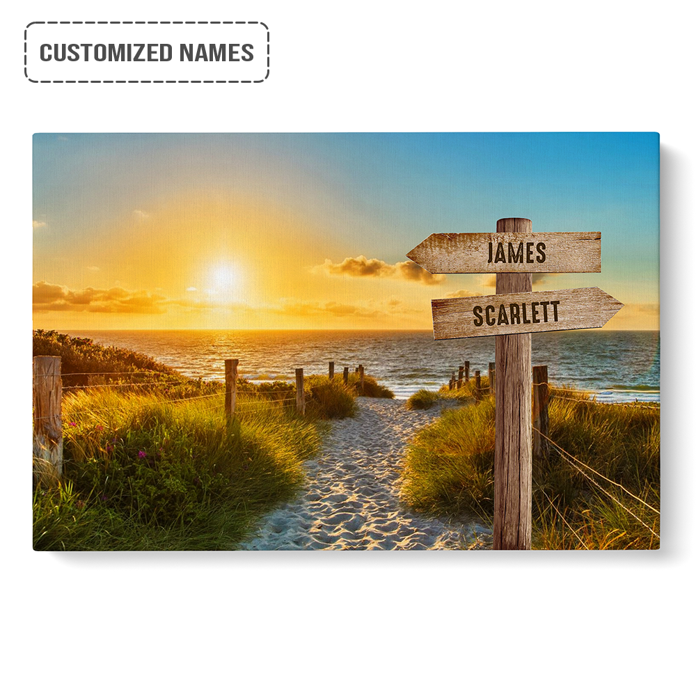 Personalized Family Member Names Wall Art, Road To The Beach Wooden Signs Landscape Canvas, Perfect Decor For Home