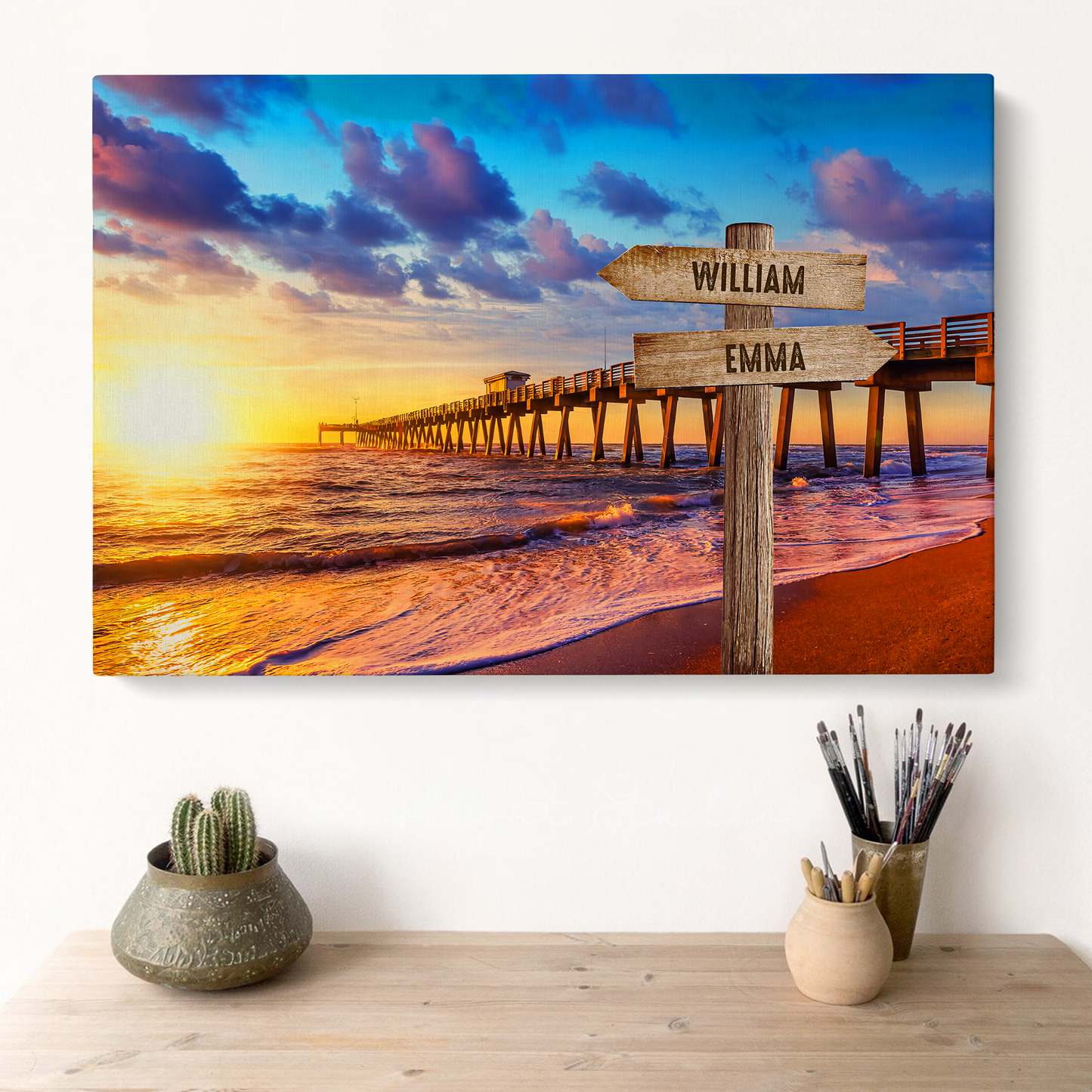 Personalized Family Member Names Wall Art, Sunset At The Pier Multi-Names Wooden Signs Landscape Canvas, Family Home Decor