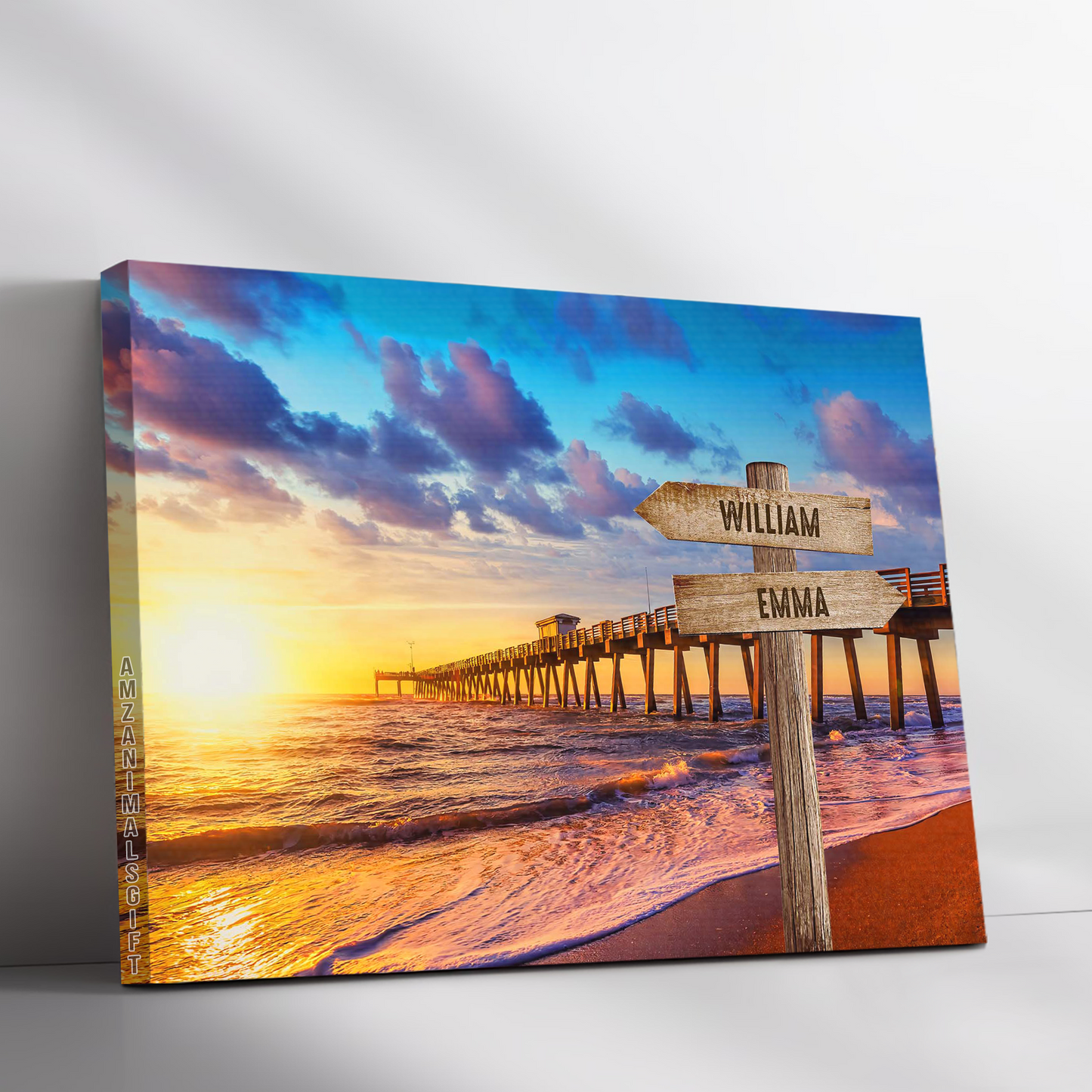 Personalized Family Member Names Wall Art, Sunset At The Pier Multi-Names Wooden Signs Landscape Canvas, Family Home Decor