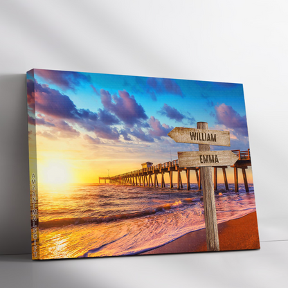 Personalized Family Member Names Wall Art, Sunset At The Pier Multi-Names Wooden Signs Landscape Canvas, Family Home Decor