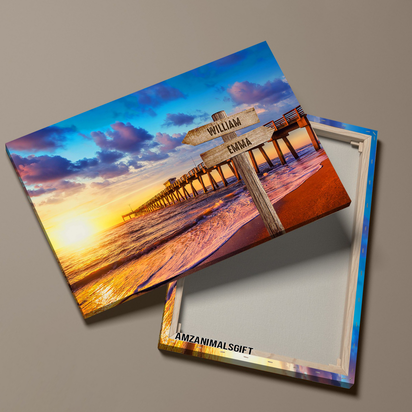 Personalized Family Member Names Wall Art, Sunset At The Pier Multi-Names Wooden Signs Landscape Canvas, Family Home Decor