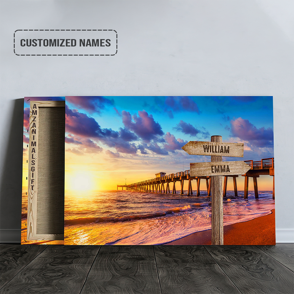 Personalized Family Member Names Wall Art, Sunset At The Pier Multi-Names Wooden Signs Landscape Canvas, Family Home Decor