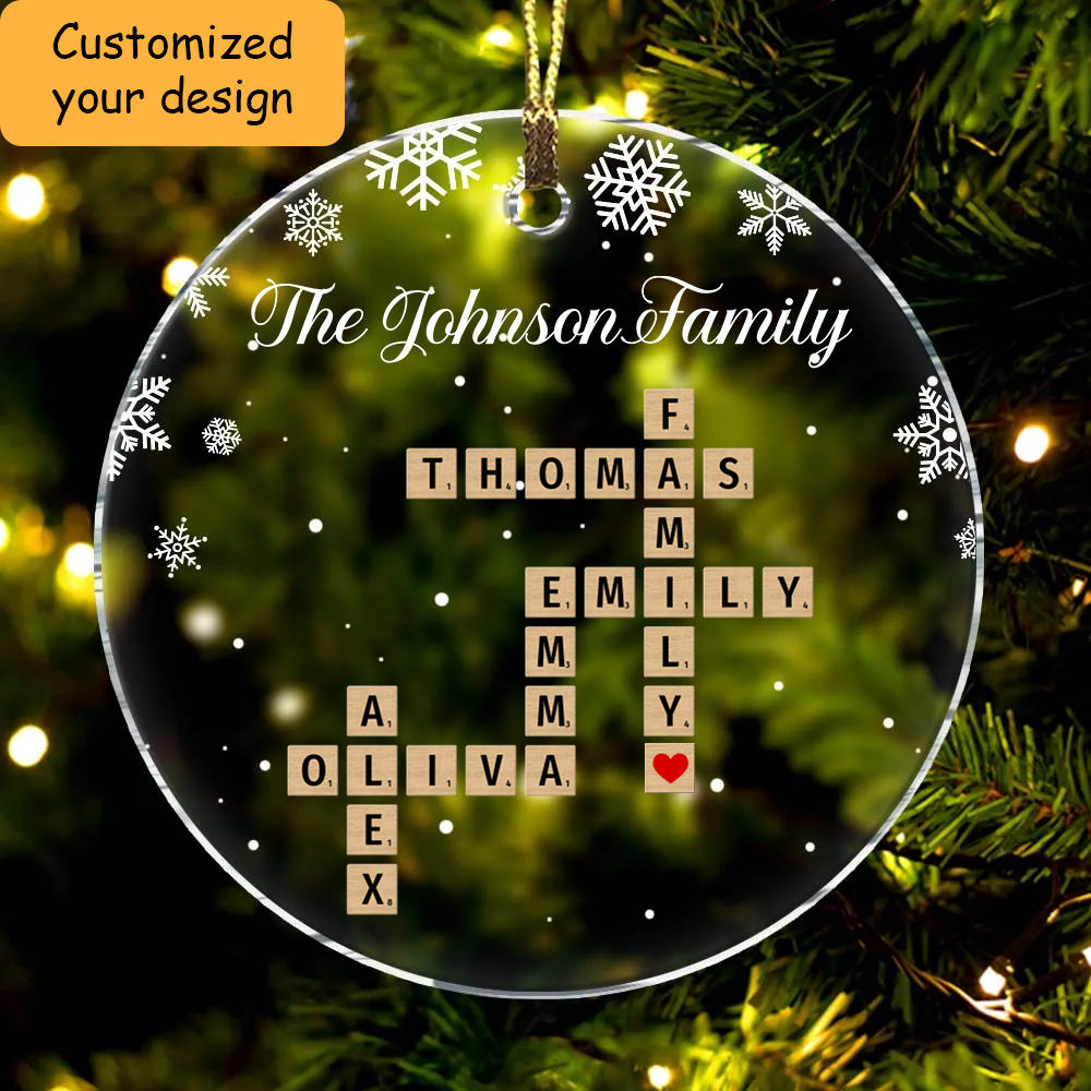 Personalized Family Name Scrabble Crossword Puzzle Acrylic Ornament, Meaningful Christmas Ornament Gift For Family