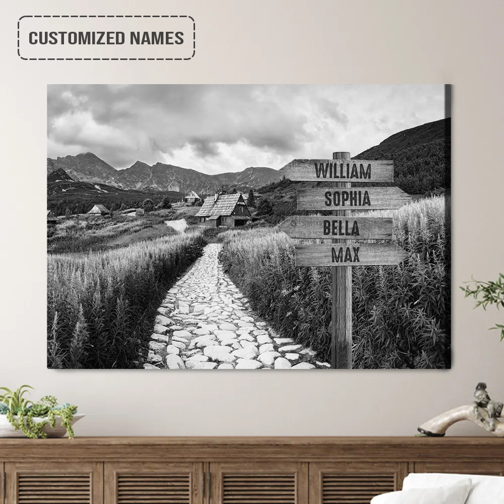 Personalized Family Names Sign Wall Art Canvas Decor, Colorful Flowers And Cottages Black And White Landscape Canvas