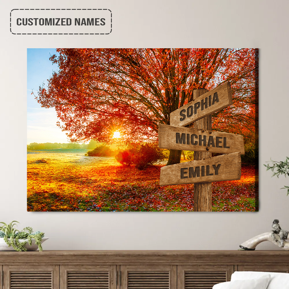 Personalized Family Names Sign Wall Art Canvas Hanging, Autumn Big Oak Landscape Canvas Poster Perfect For Home Decor