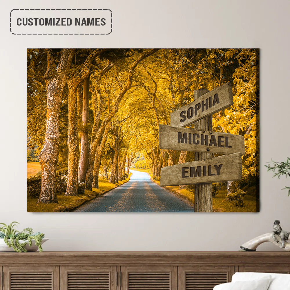 Personalized Family Names Sign Wall Art Canvas Hanging, Autumn Yellow Road Landscape Canvas Poster Perfect Home Decor